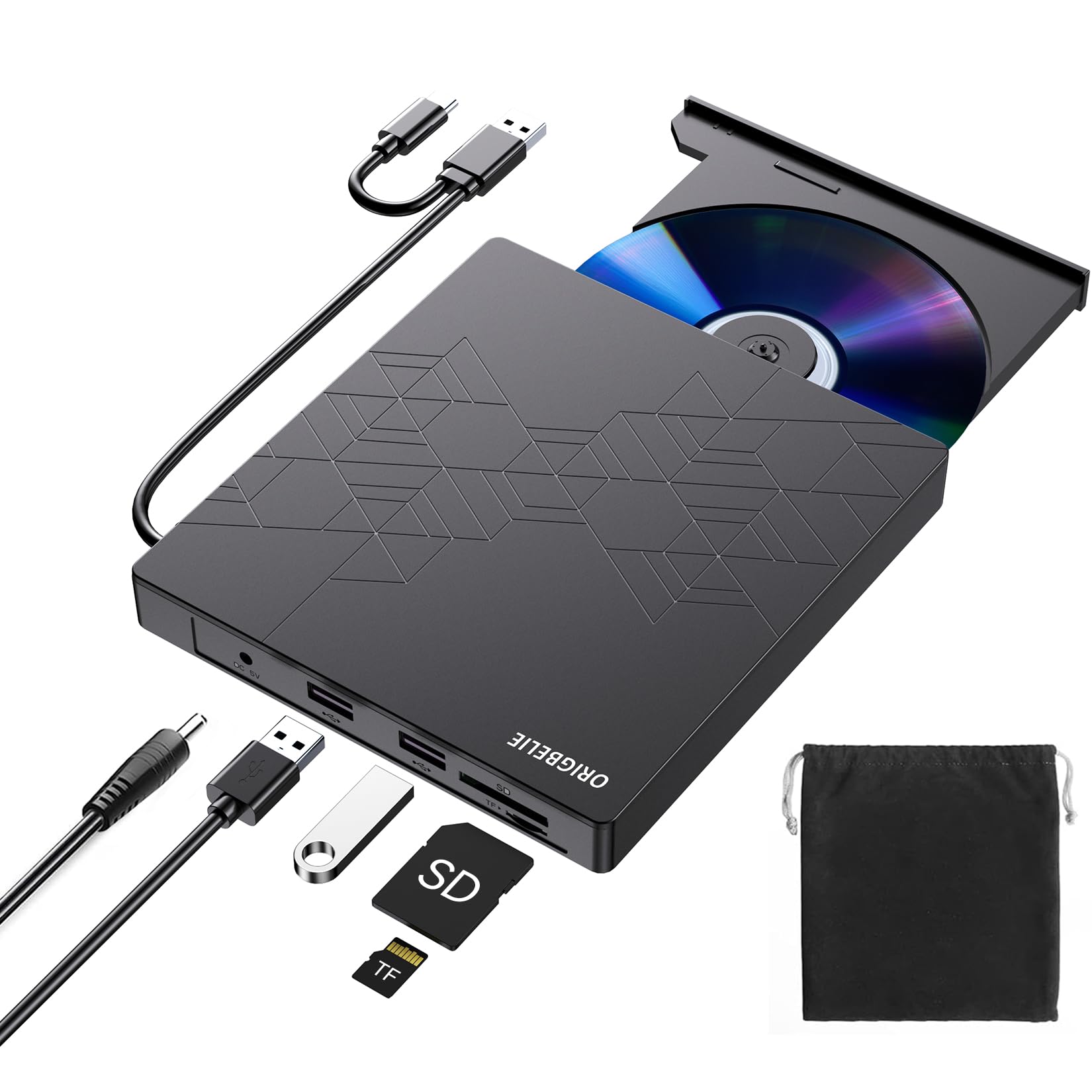 Origbelie External Dvd Drive, Usb 3.0/Type C, Cd Drive, Black, For Laptop Pc Desktop Computer