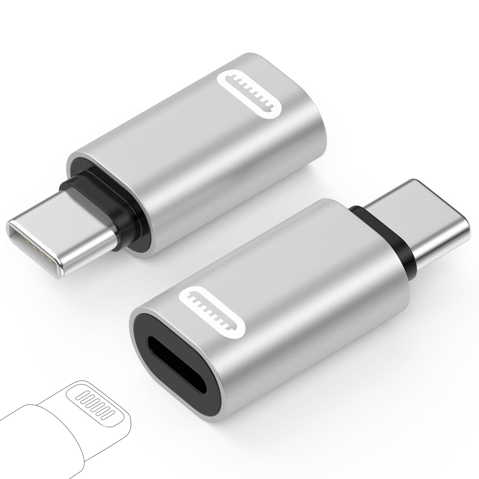 MoKo Lightning Female to USB C Male Adapter, 2Pack USB C to Lightning Adapter for iPhone 15/16 Pro/16 Pro Max/Plus,Galaxy S24, iPad Pro/Air,for Fast Charging/Data Transfer, Not for Audio/OTG,Silver PD