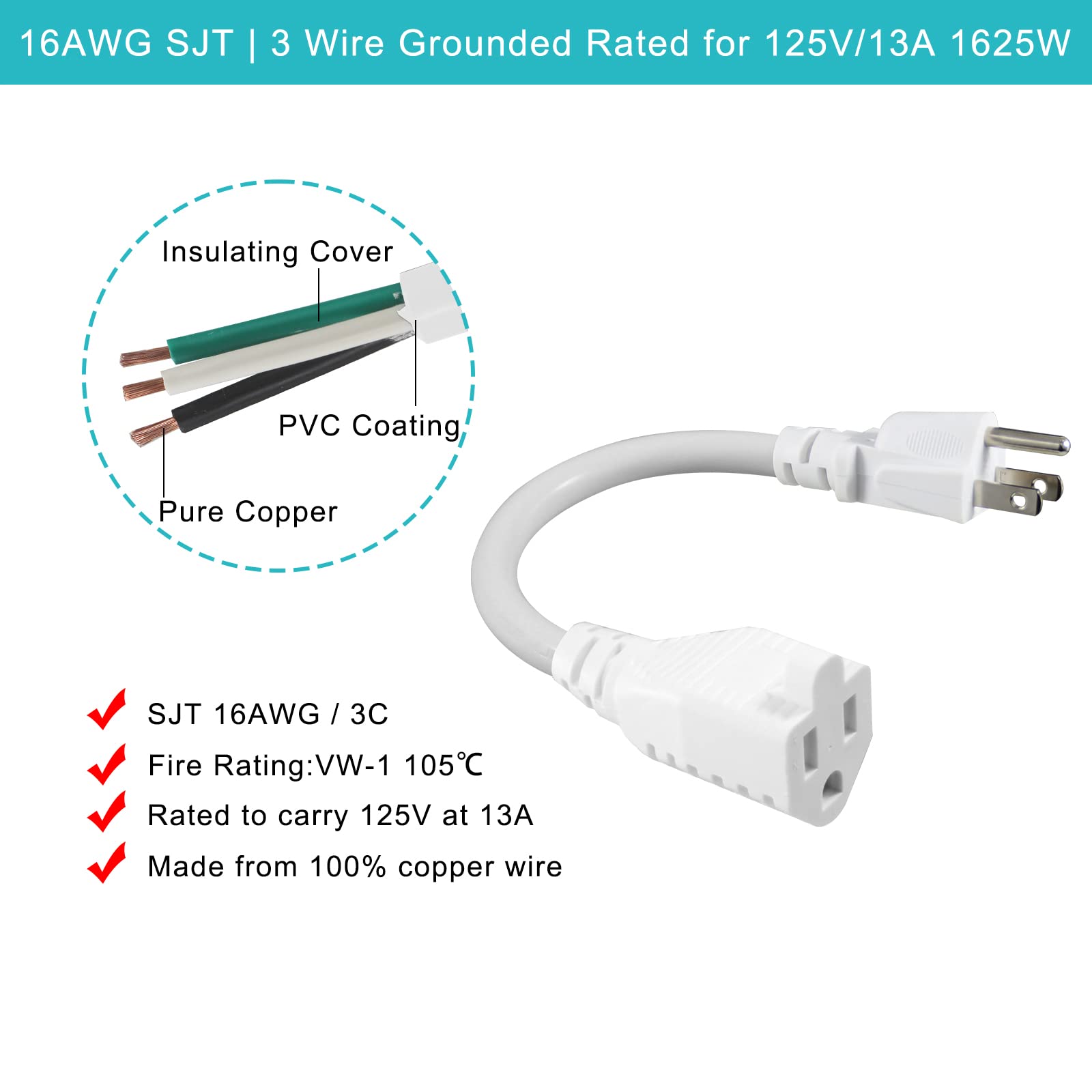 [6 Pack] White Short Power Extension Cord   6Inch 3 Prong Mini Indoor Grounded Extension Cord,16Awg Small Electrical Ac Extensio