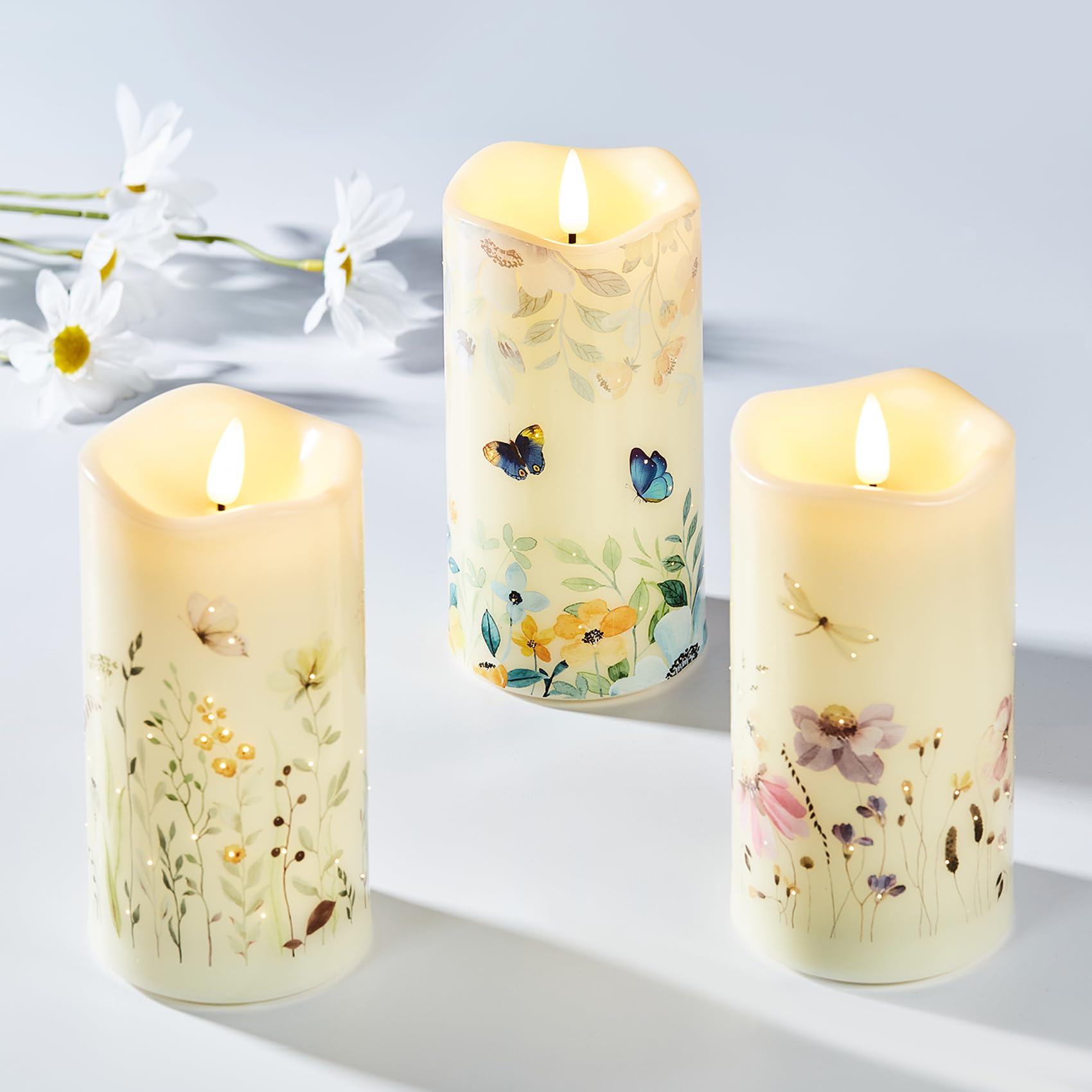 Eywamage Fiber Optic Candles Set Of 3, Butterfly Floral Flameless Pillar Candles With Remote, Flickering Battery Candles F 3'' H