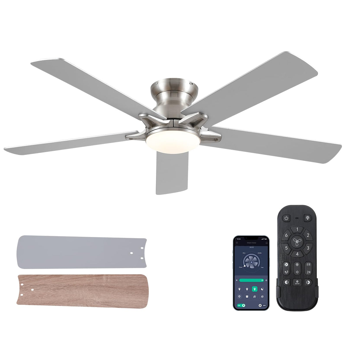 Chesur 56'' Ceiling Fan With Lights   Flush Mount Modern Ceiling Fan With Remote Control, 6 Wind Speeds And Reversible Dc Motor,