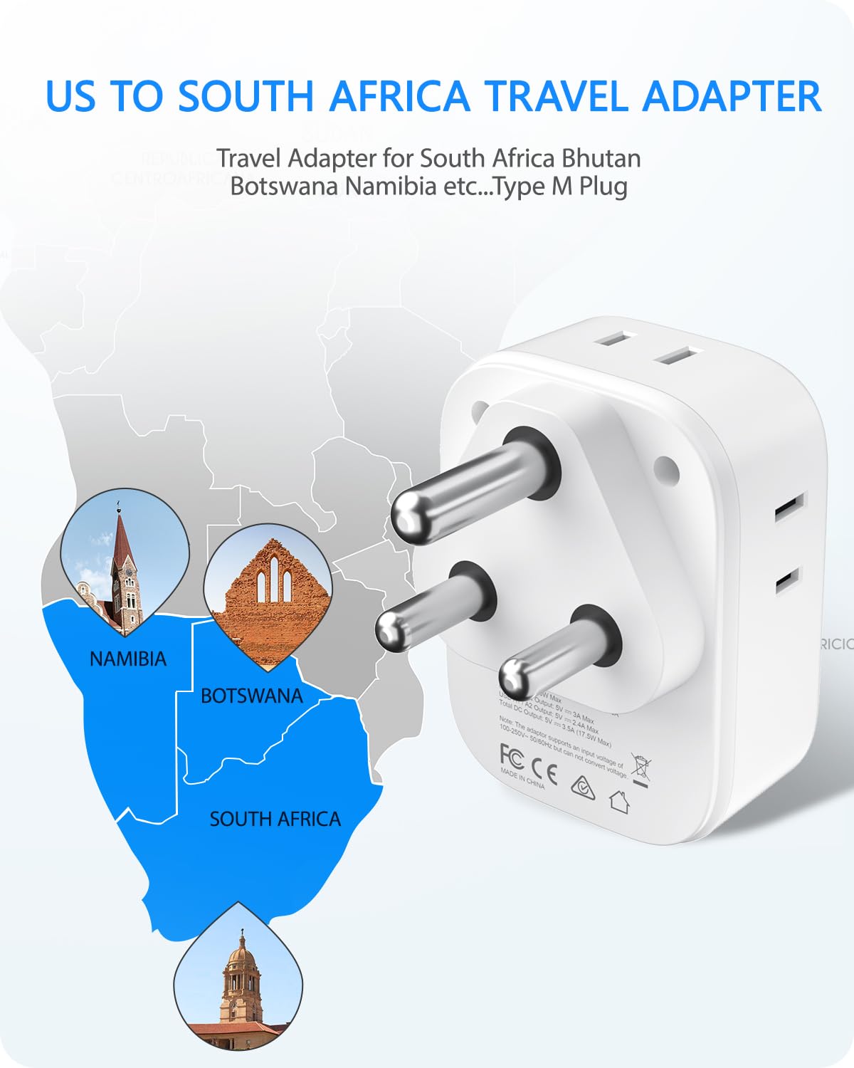 Lencent South Africa Power Adapter, South Africa Grounded Travel Adaptor With 4 American Outlets, 4 Usb Charger(2 Usb C), Type M