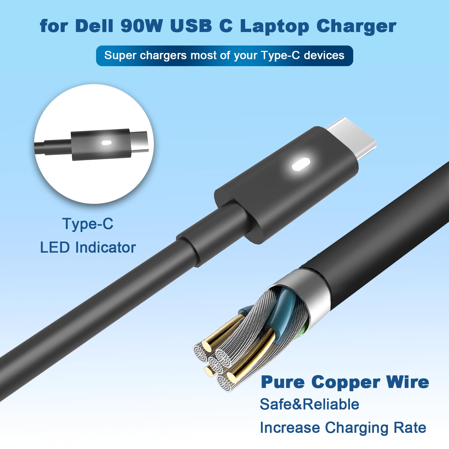 90W Usb C Charger For Dell Latitude/Precision/Xps/Chromebook Laptop, Dell 90W Laptop Charger Usb C Replacement For Dell Latitude