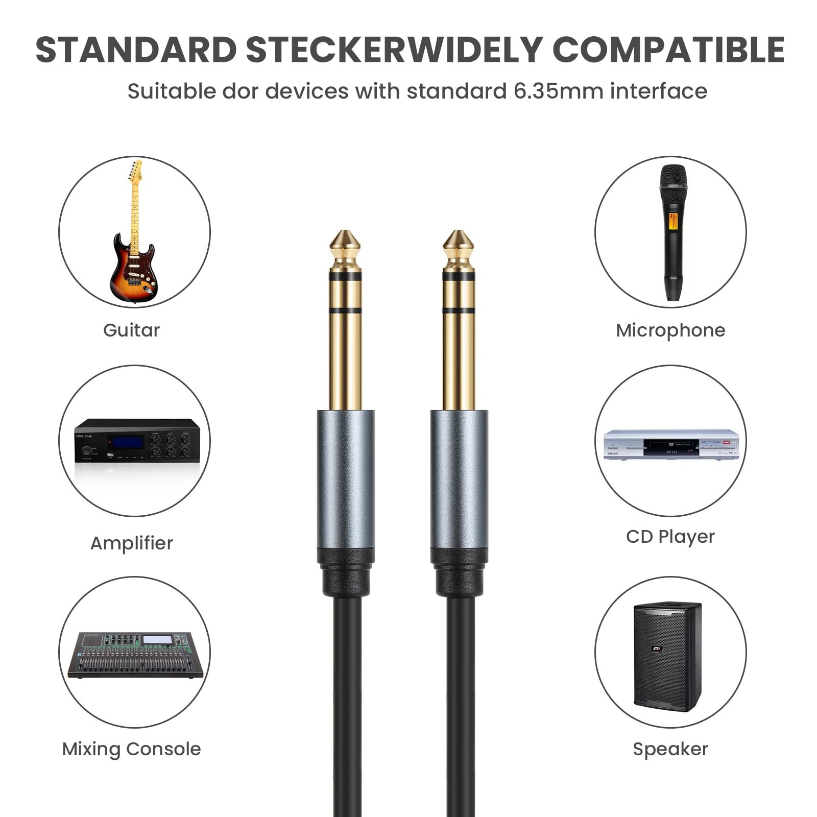 Halokny 6.35Mm To 6.35Mm Instrument Cable, Golden Plated 1/4 Inch Male To Male Trs Stereo Audio Jack For Electric Guitar, Bass,