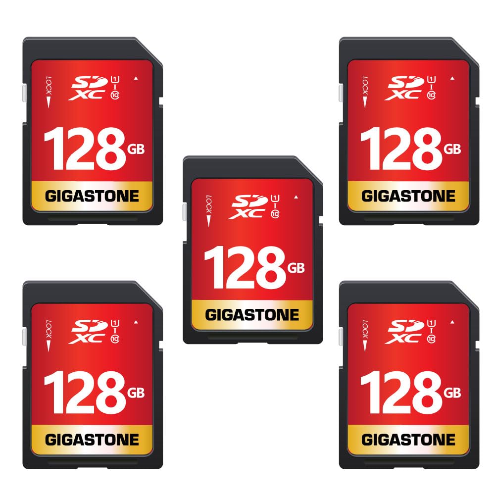 GIGASTONE 128GB 5-Pack SD Card UHS-I U1 Class 10 SDXC Memory Card Full HD Video for Canon Nikon Sony Panasonic Digital Camera, Full-Sized SD Card, with 5 Mini case