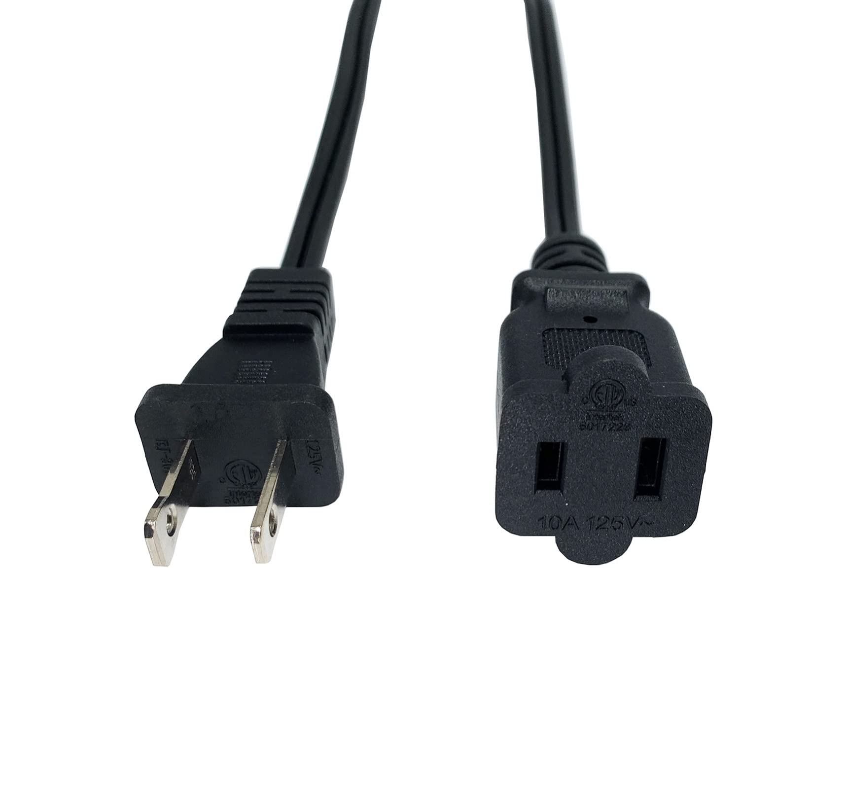 Black Extension Cord, 2 Prong Short Indoor Small Power Cable Male To Female, 18 Awg Us Outlet Two Prong, Nema 5 15P To Nema 5 15