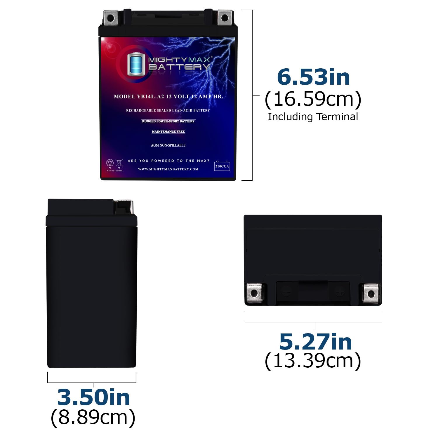Mighty Max Battery Yb14L-A2-12 Volt 12 Ah, 210 Cca, Rechargeable Maintenance Free Sla Agm Motorcycle Battery