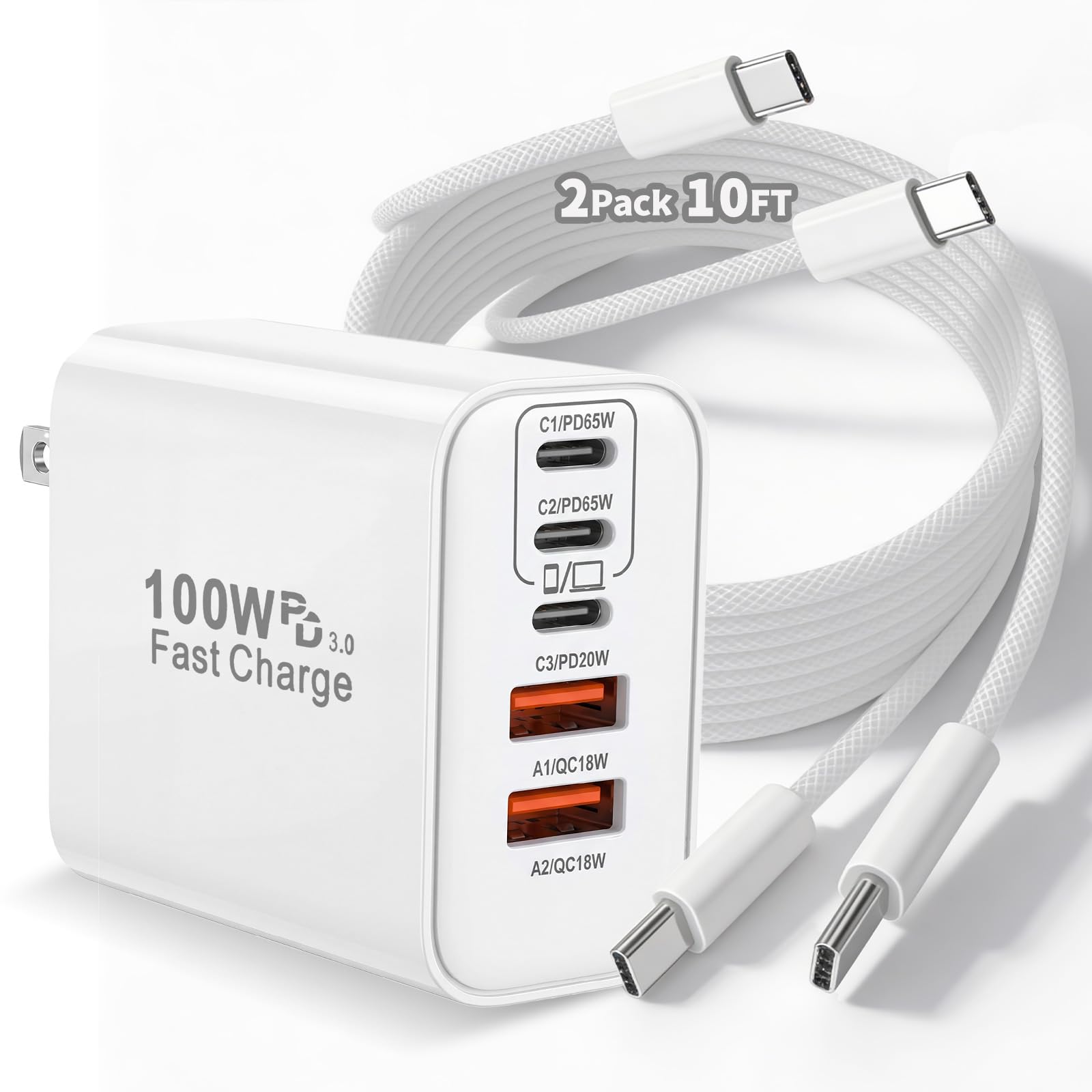 100W USB C iPhone 17 16 15 Charger Fast Charging,2Pack 10Foot Type C Woven Cable and 1Pack 5Port i Phone Charger Fast Chargin
