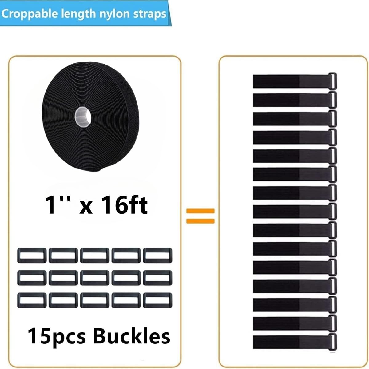 16Ft 1 Inch Wide Cable Straps With 15 Buckles, Reusable Heavy Duty Hook And Loop Straps, Adjustable Straps For Home, Office, Des