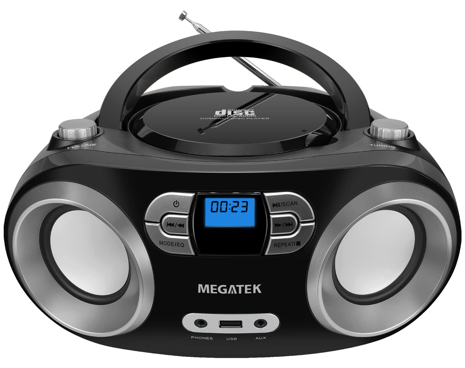 Megatek Portable Cd Boombox With Fm Stereo Radio, Bluetooth, Usb Port, And Backlit Lcd Display | Cd R/Cd Rw/Mp3 Cd Compatible | Aux Input | Headphone Jack | Programmable Cd Player   Black