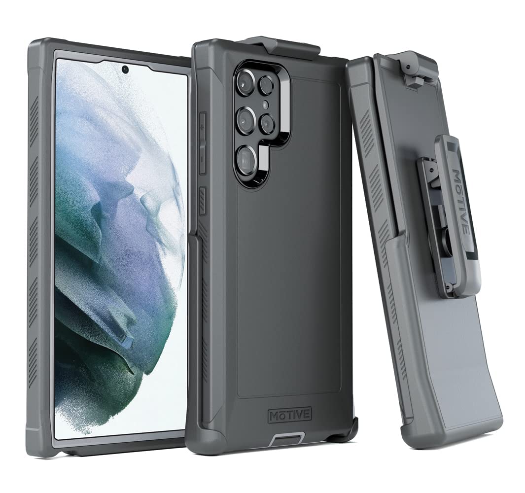 Motive Samsung Galaxy S22 Ultra Heavy Duty Holster Case With Belt Clip | Military Grade Quad Layer Rugged Phone Case   Black | D