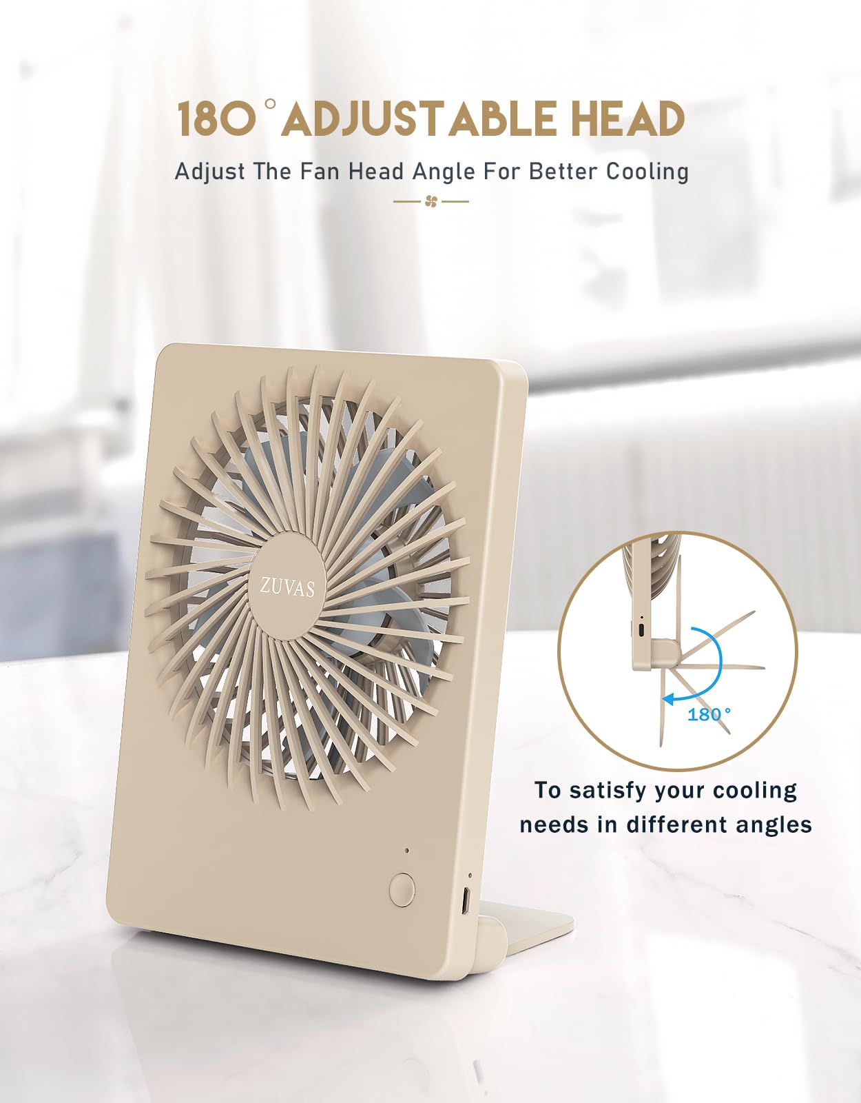 Zuvas Desk Fan Battery Operated Rechargeable 180Tilt Folding Personal Ultra Quiet Small Portable Fan Beige