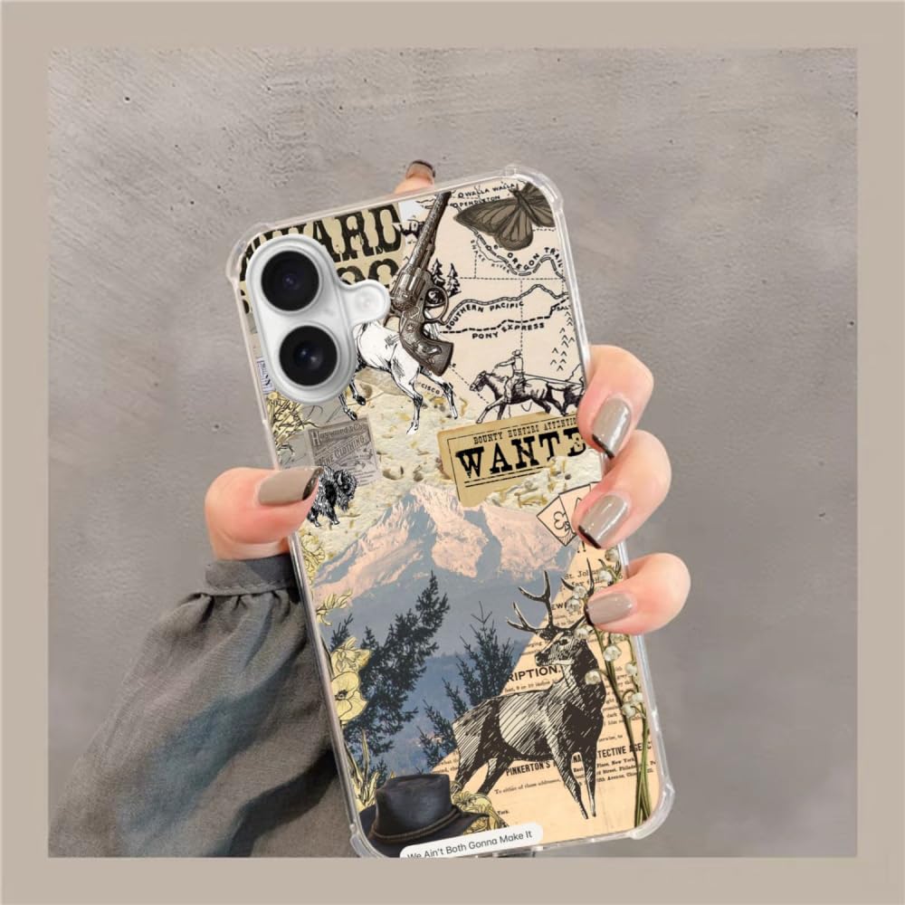 Gialcenik Vintage Cowboy Collage Phone Case Compatible With Iphone 16, Floral Plants Butterfly Horse Collage Case Cover For Ipho