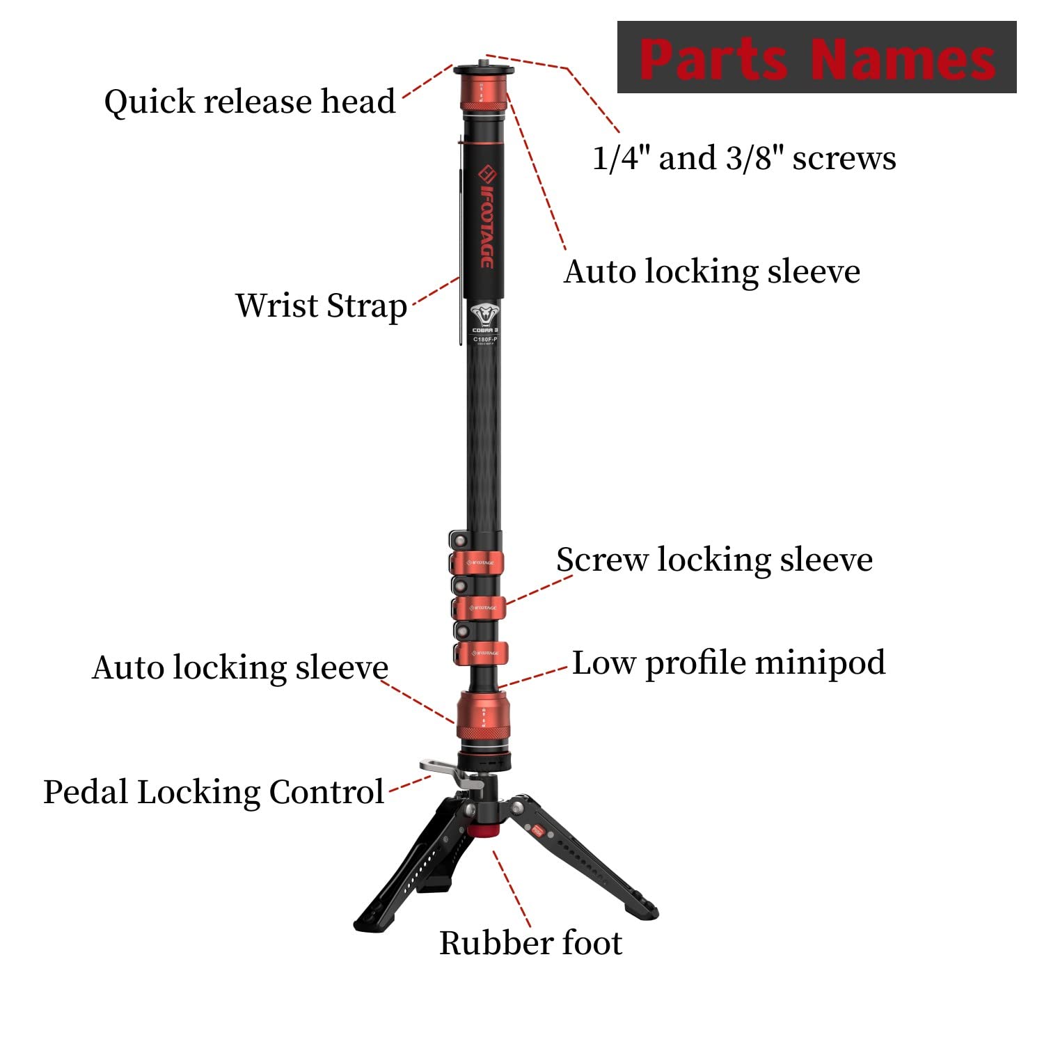 Ifootage Cobra 3 C180F P Camera Monopod With Pedal Locking Control,Carbon Fiber Video Monopod,Professional Photography Monopod S