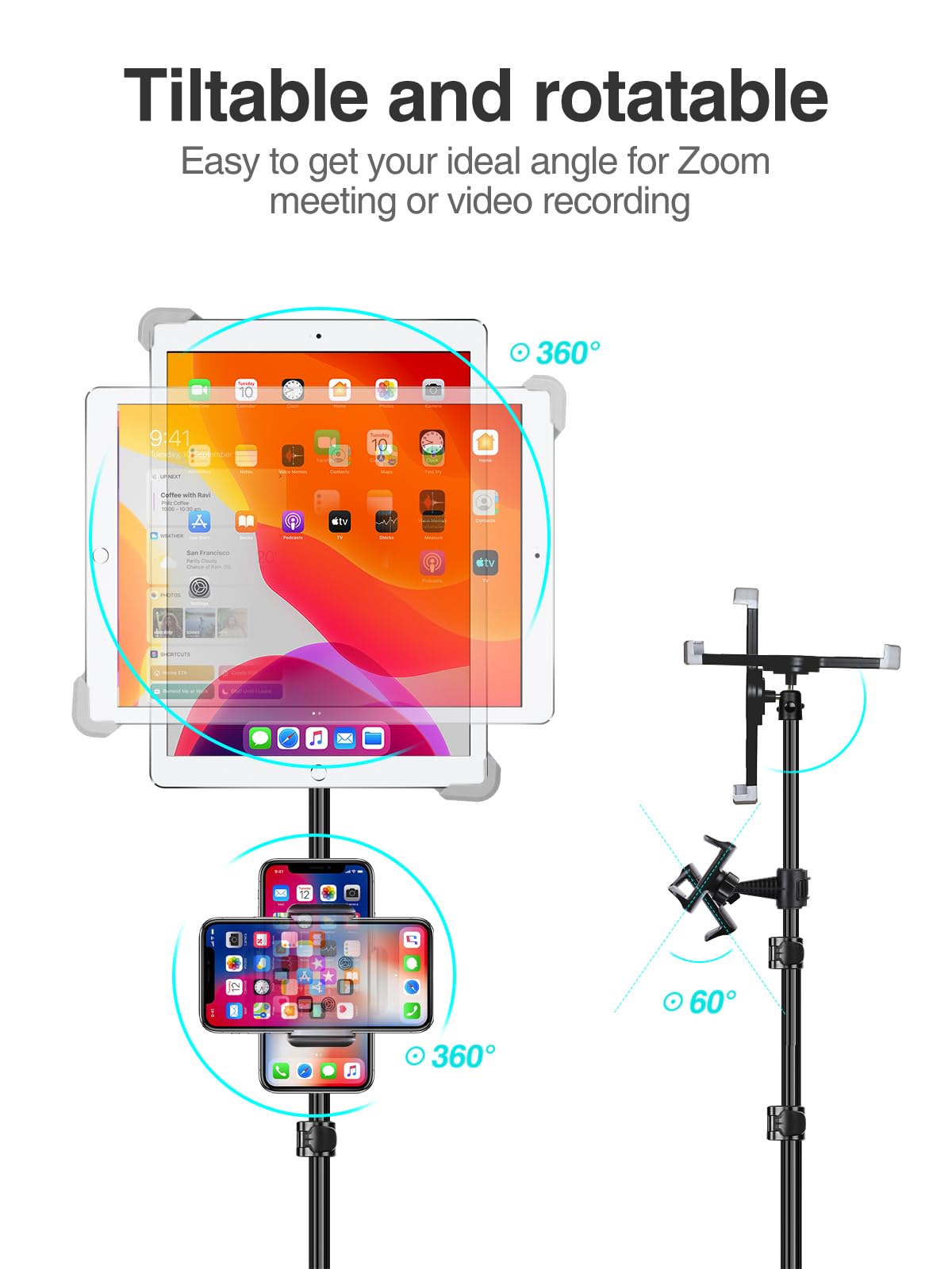 Elitehood Ipad Tripod Stand, 65 Inch Height Adjustable Stand Holder With 360 Rotating Floor Tripod For 9.5 14.5 Inch Tablets