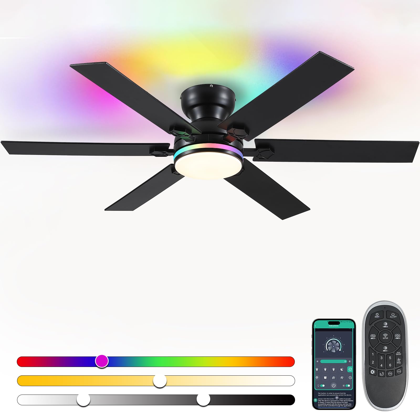 Goniyado 52 RGB Ceiling Fans with Lights and Remote/APP,Black Low Profile Ceiling Fans with Quiet Reversible DC Motor,Modern Flu