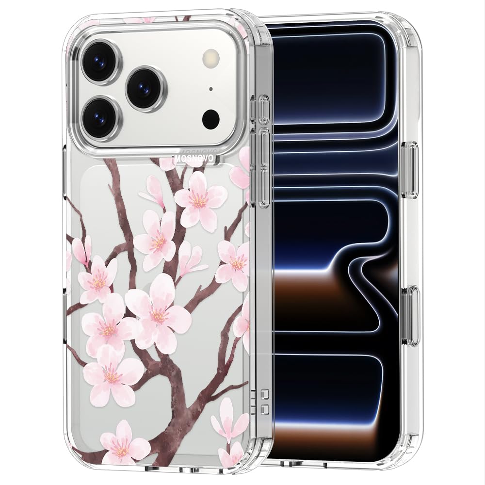 MOSNOVO for iPhone 17 Pro Case | Military Grade 6.6ft Drop Tested | Camera Control | Clear with Cherry Blossom Design