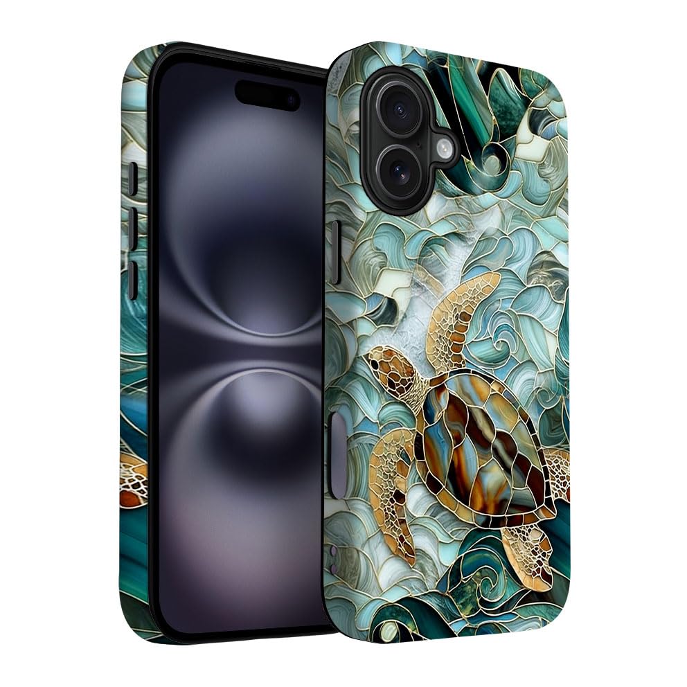 Yuzbira for iPhone 16 Case | Stained Glass Ocean Sea Turtles | Slim Drop Protection Design