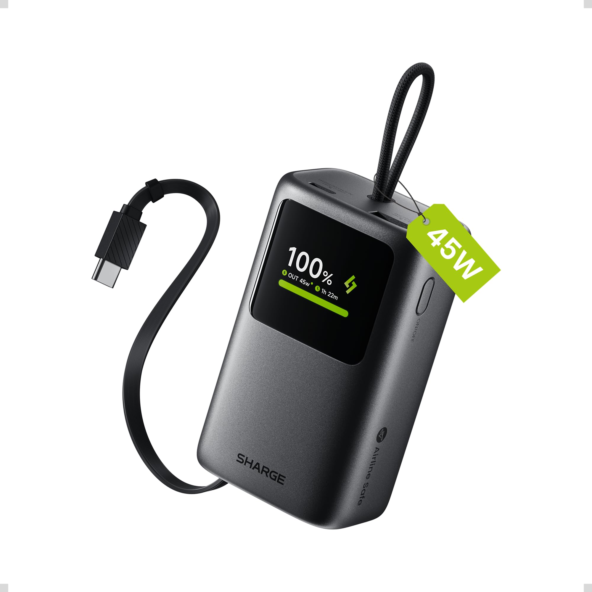 sharge 45W Power Bank 10000mAh with Builtin Retractable Cable
