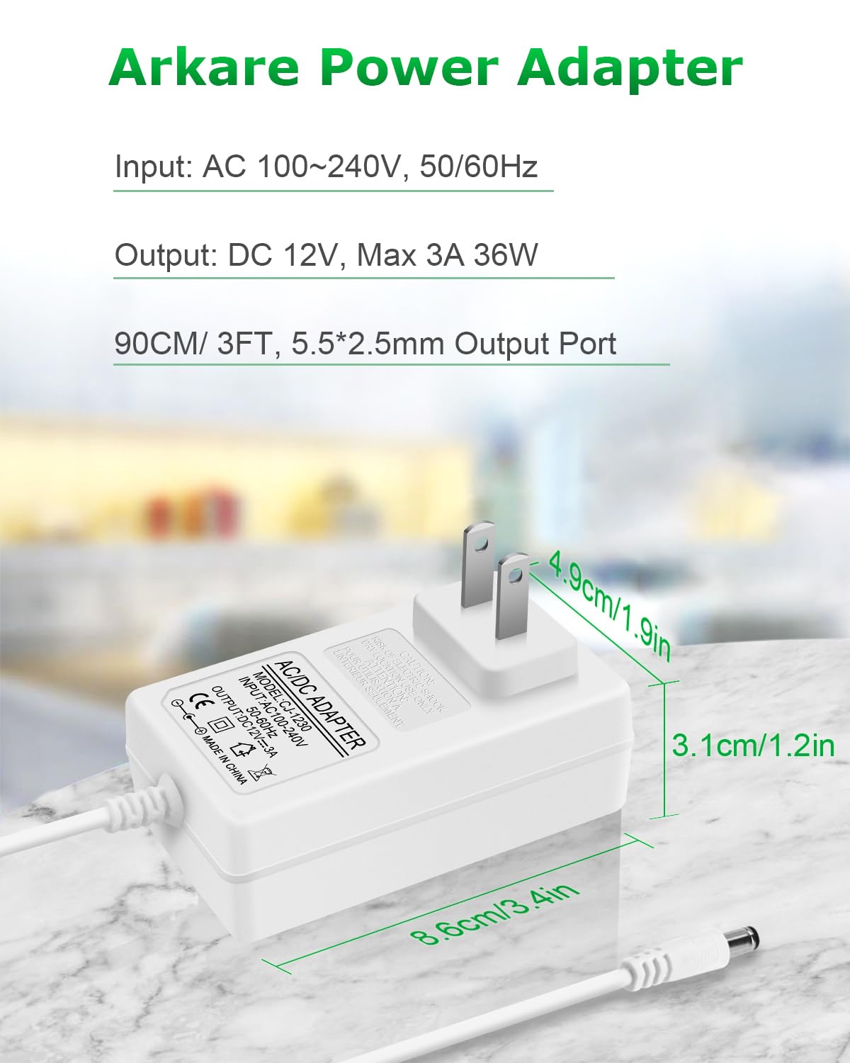 Arkare 12V Dc Power Supply 12V 3A Power Adapter 36W Ac 100V 240V To Dc 12Volt 3Amp Ac/Dc Charger Power Cord 12V 2.5A 2A 1.5A 1A