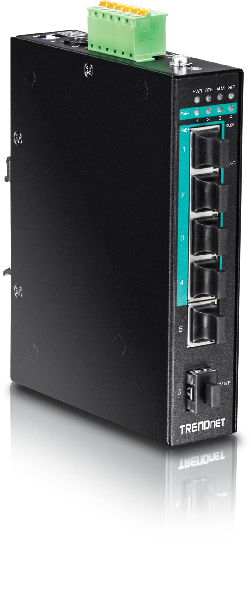 Trendnet 6 Port Hardened Industrial Gigabit Poe+ Layer 2 Managed Din Rail Switch, 4 X Gigabit Poe+ 802.3At Ports, 1 X Gigabit Po