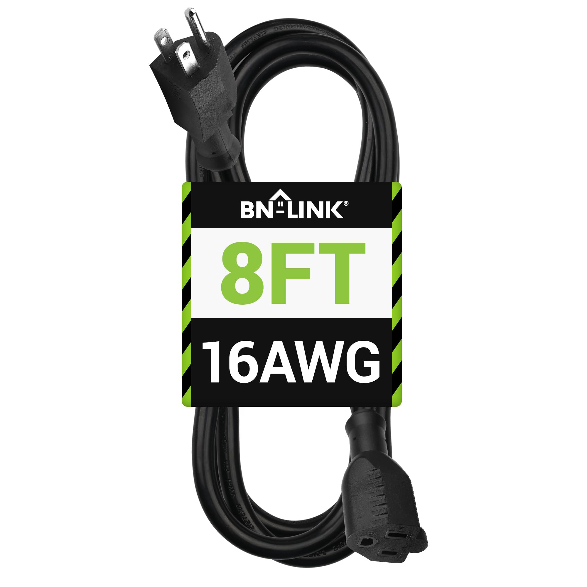 Bn Link 8 Ft Indoor/Outdoor Extension Cord 16/3 Sjtw, Black, Water & Weather Resistant, 3 Prong Grounded Plug For Landscaping &