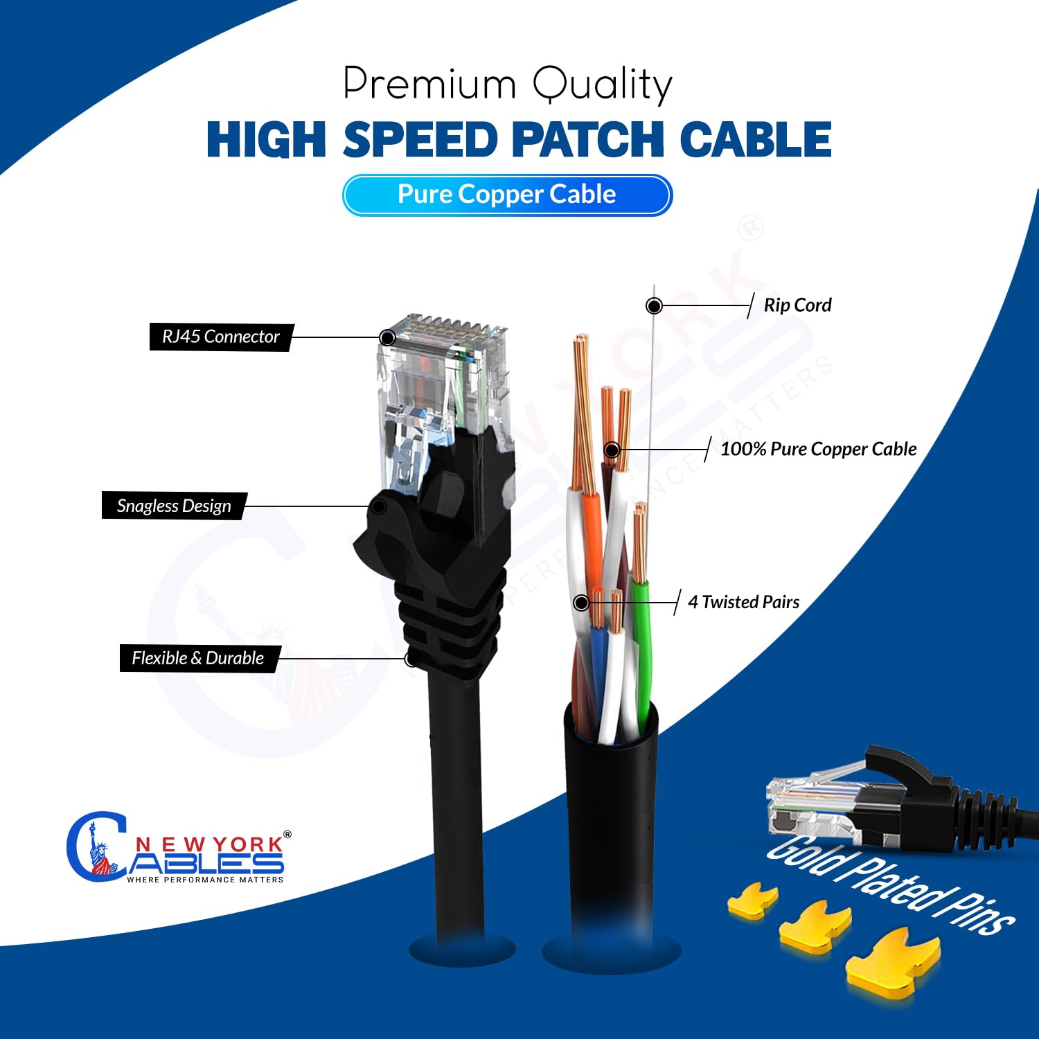 Newyork Cables Cat6 Ethernet Patch Cable 3Ft (10 Pack), Snagless Cat6 Patch Cables For Data Centers, 10Gbps, 550Mhz Ethernet Cord, Bare Copper Network Patch Cables For Home And Enterprise  Black