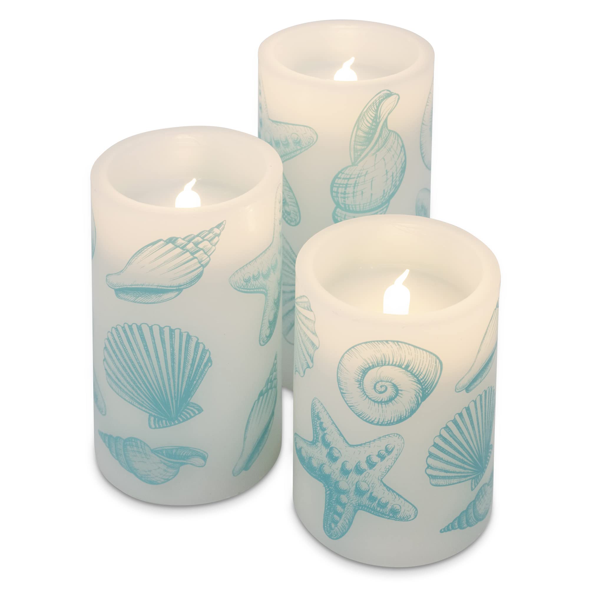 Elanze Designs Seashells Nautical Blue 6 inch Wax LED Flameless Pillar Candles Set of 3