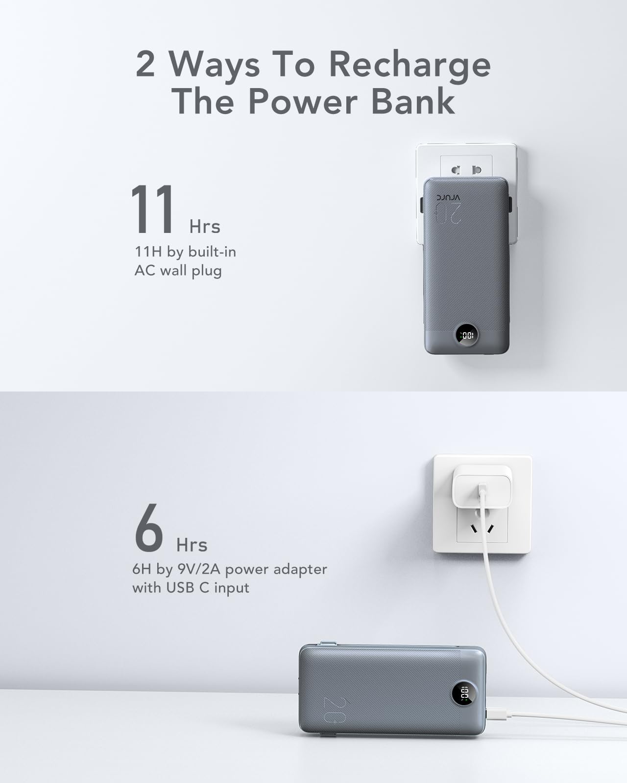 Portable Charger Power Bank 20000Mah,Vrurc 22.5W Fast Charging Power Bank With Cables, 20K Usb C Portable Charger With Wall Plug