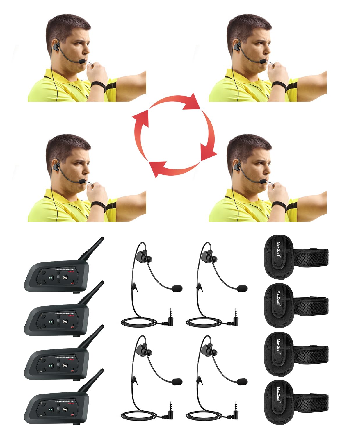 Maxquall Referee Headset 4 Person Talk Same Time V4 Plus Football Wireless Headsets Soccer Arbitro Communication System Latest Chip Newly Designed Earpiece(4V4(/W R Earpiece))