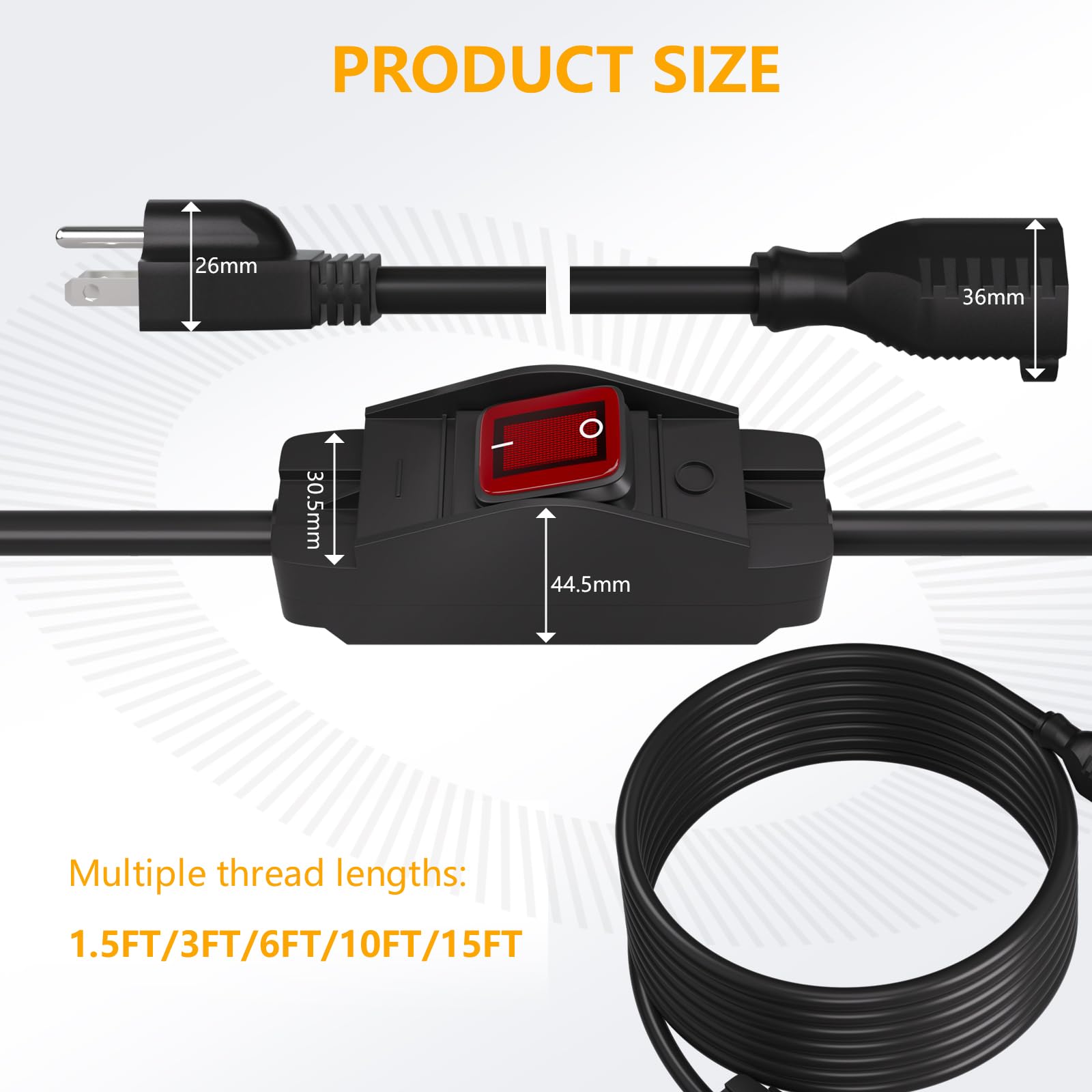 Starelo Extension Cord Near Waterproof Switch 3 Prong Outdoor 1875W Black Heavy Duty Extension Cord, 14/3 Sjt Extension Cord,Con