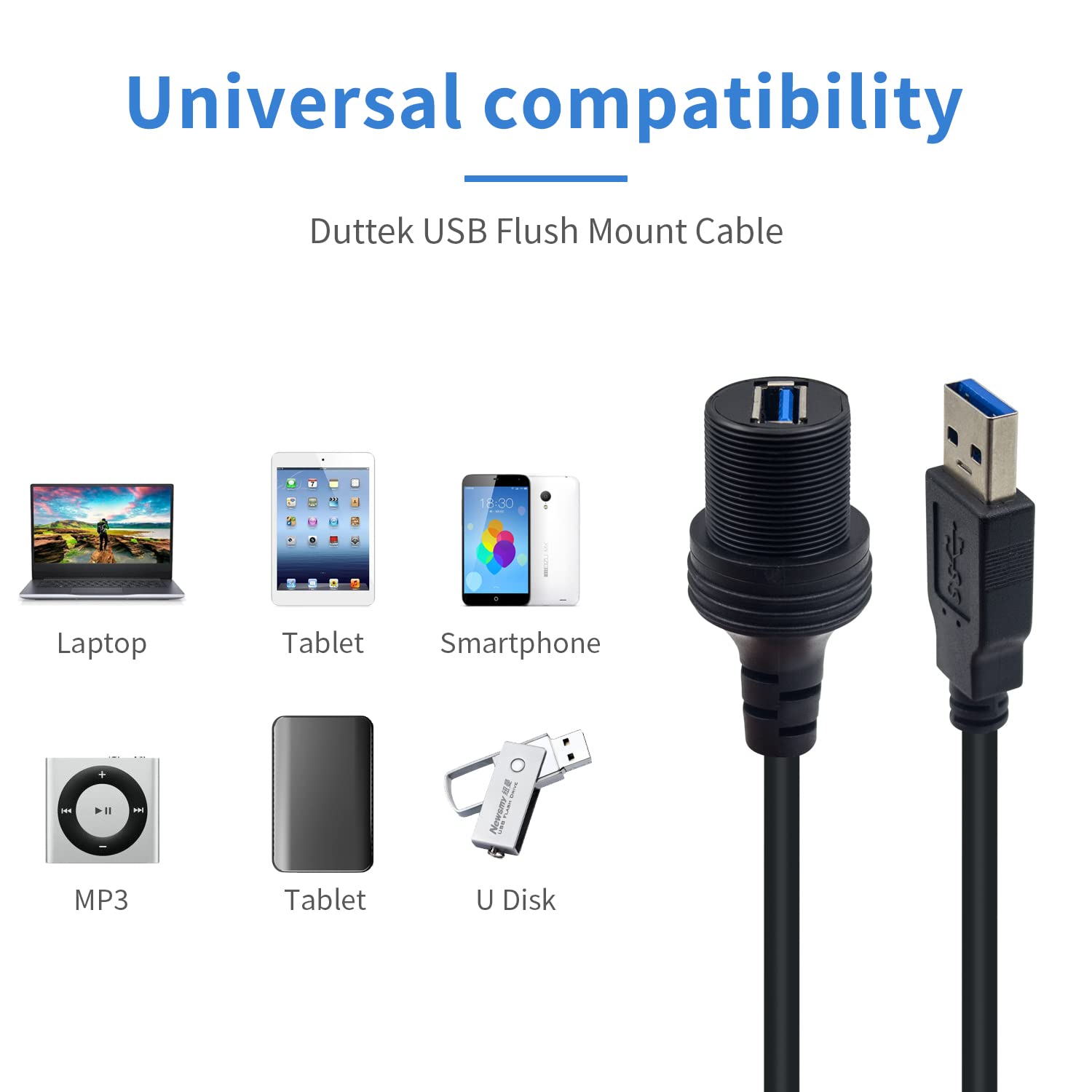 Duttek Usb Flush Mount Cable, Round Single Port Usb 3.0 Panel Flush Mount Extension Cable With Buckle For Car Truck Boat Motorcy
