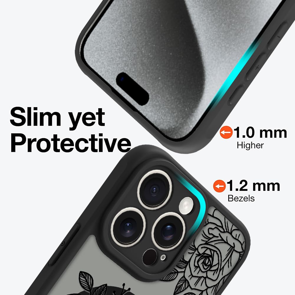 Ook Magnetic For Iphone 15 Pro Max Case Black Flower Floral Pattern [Compatible With Magsafe] Slim Translucent Matte Camera Lens