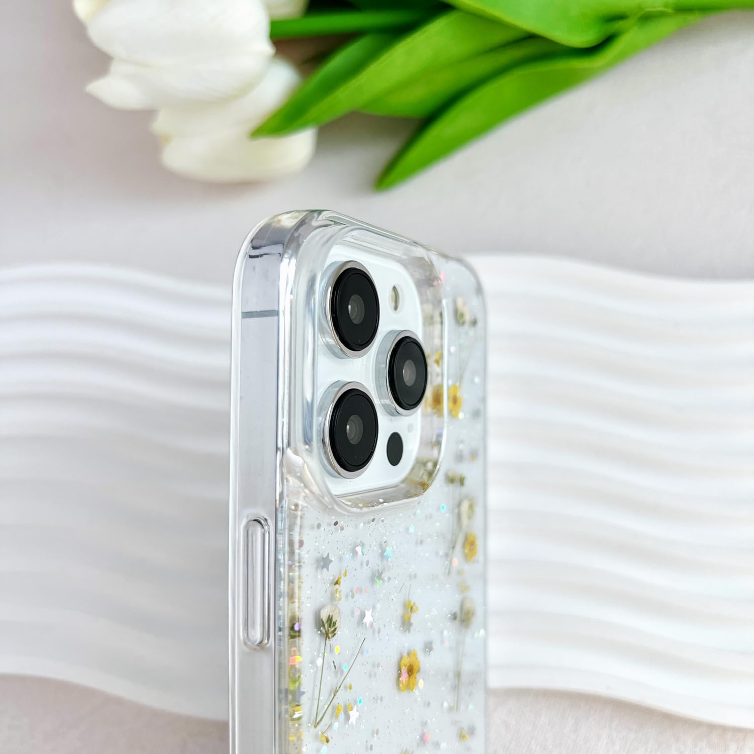 Lseeka For Iphone 15 Pro Clear Case With Pressed Real Flowers Design,Glitter Cute Yellow Floral Pattern Slim Soft Tpu Protective