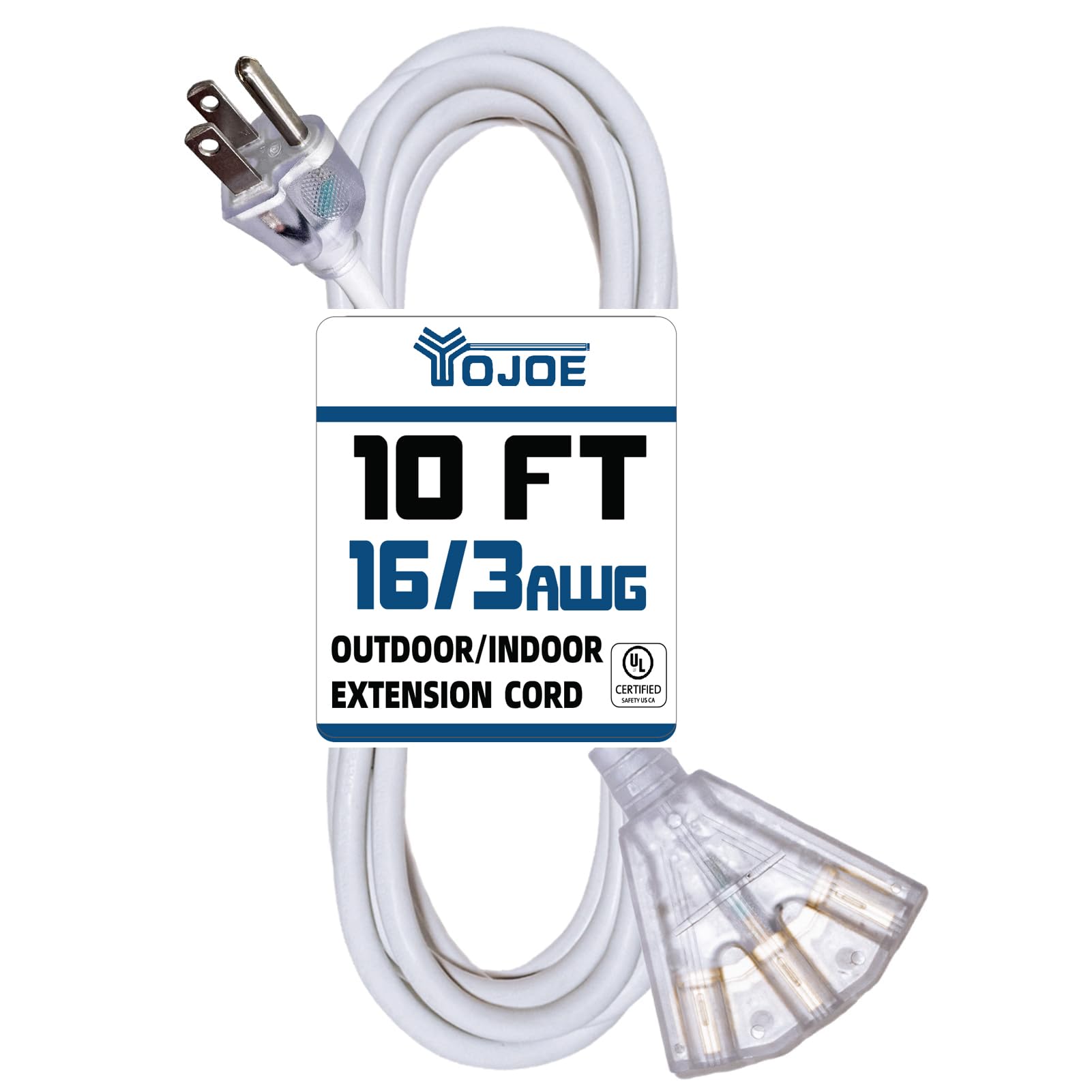 Yojoe 3 Outlets Indoor Outdoor Extension Cord With Lighted End, 3 Prong 13A Weatherproof Power Cord, 16 Gauge Heavy Duty 10 Ft W