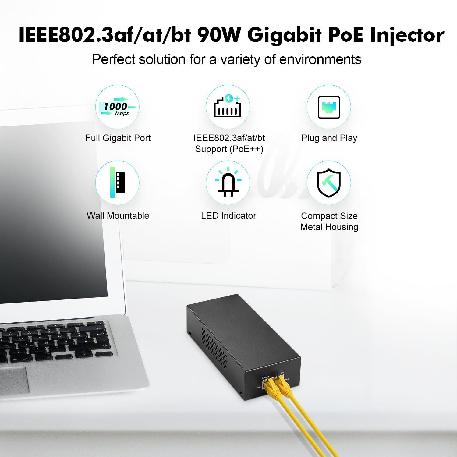 Yulinca Gigabit Poe+ Injector 90W, 802.3Af/At/Bt Power Over Ethernet Metal Poe Adapter, 10/100/1000Mbps, Non Poe To Poe Adapter, Plug & Play, Distance Up To 100 Meters (328 Ft.)