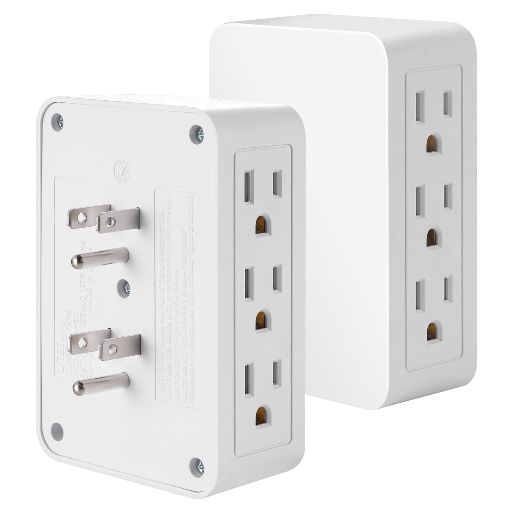 Fiiman 6 Outlet Wall Adapter, Ul Listed 3 Prong Grounded Outlet To The Side, Wall Plug Side Access Adapter, 6 Way Outlet Extende