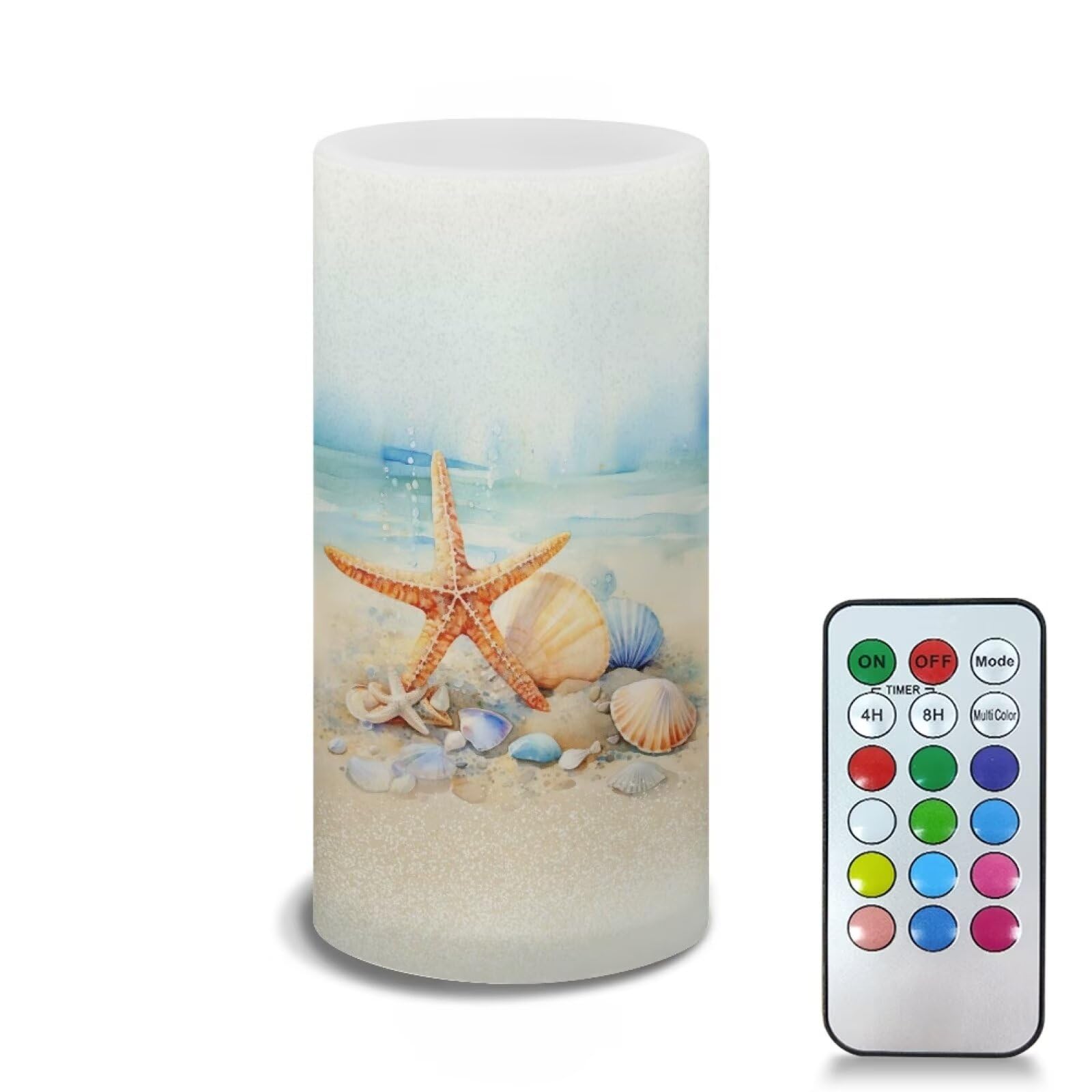 Poceacles Beach Starfish Seashell Painting LED Flameless Candles Battery Operated Candles with Remote Control Timer Flickering W