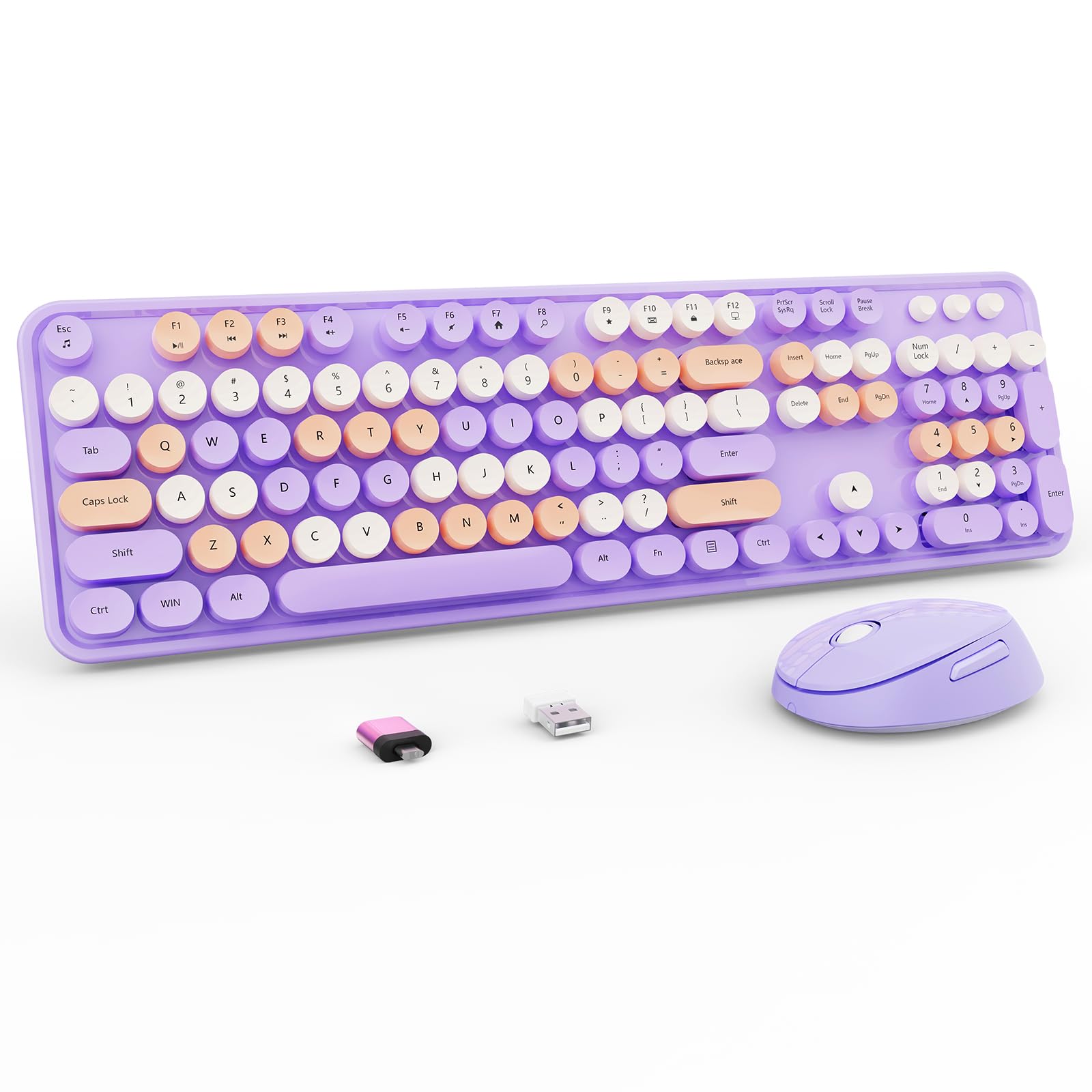 Nowlike Wireless Keyboard and Mouse Combo, Retro Typewriter Keyboard with Round Keycaps, Full-Size Ergonomic, Purple, Ideal for 