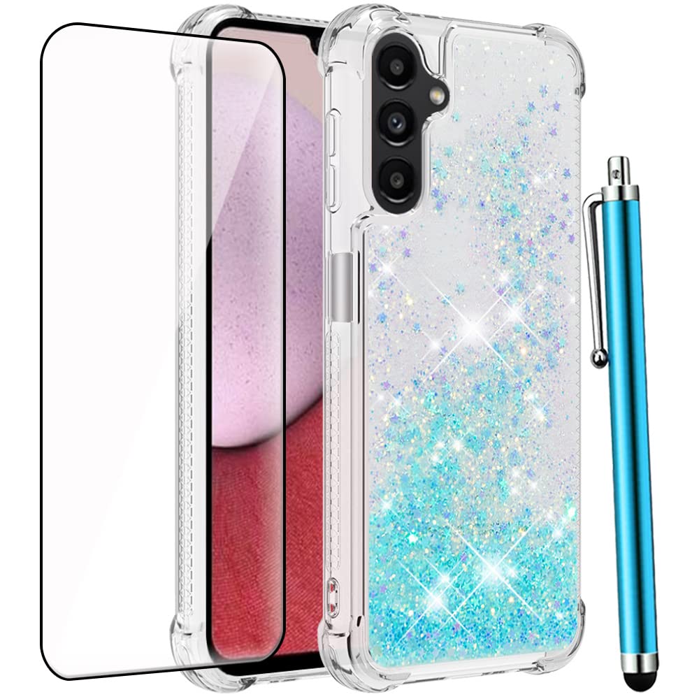 Caiyunl For Samsung Galaxy A14 5G Case With Tempered Glass Screen Protector, Women Girls Glitter Bling Floating Liquid Cute Soft
