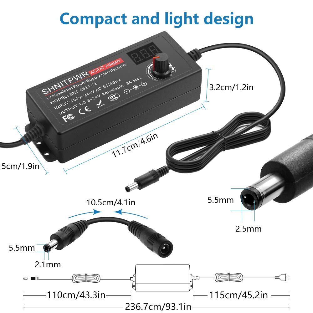 Shnitpwr 72W Universal Power Supply Adjustable Dc 3V ~ 24V 3A Ac/Dc Adapter With Usb C Charger Pd 65W Upgraded 100V 240V Ac To D