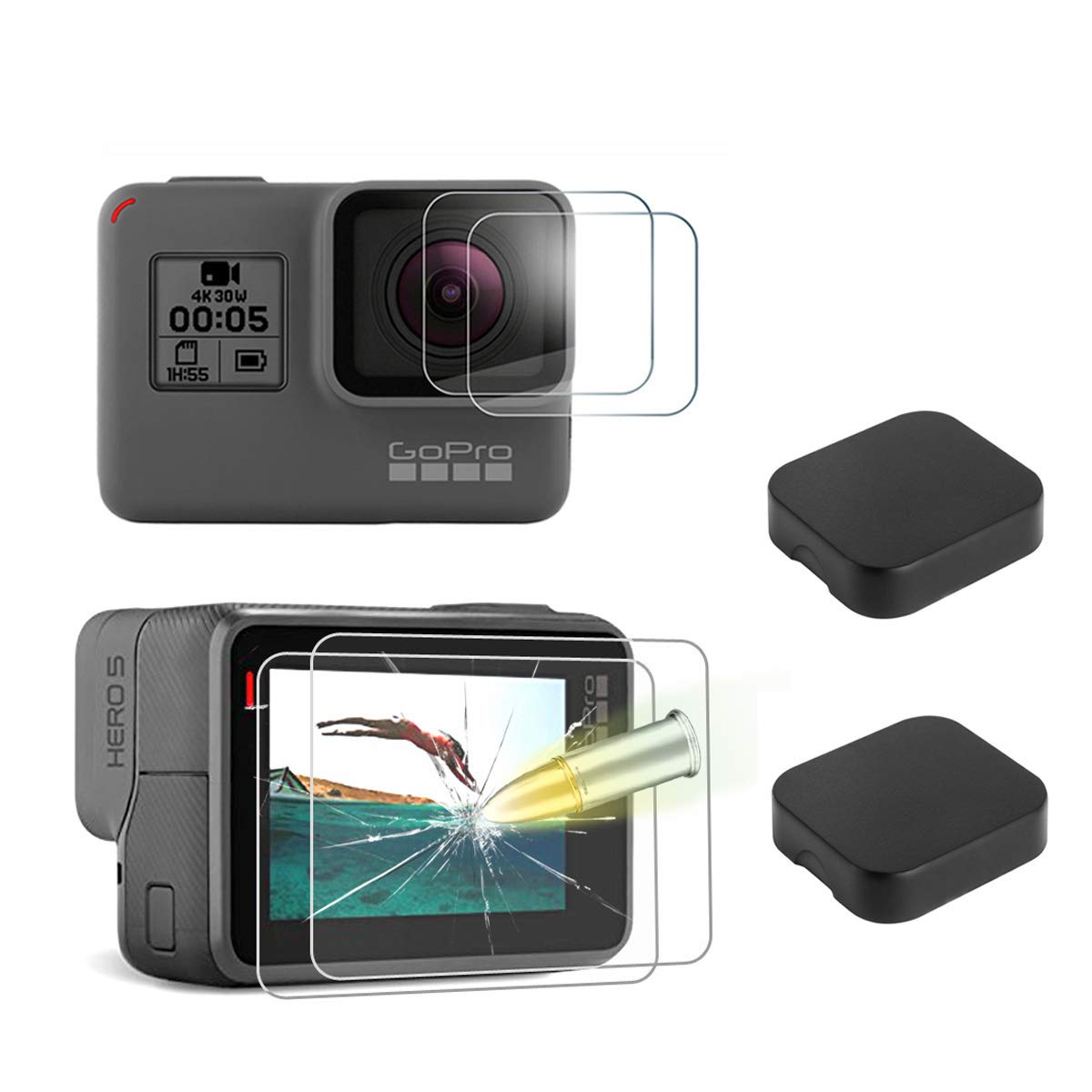 AKWOX [6 Pack] Tempered-Glass Screen Protector for GoPro Hero 7 (Black Only) / Hero 5 Black Hero 6 Black (2-Pack) & Lens protector (2-Pack) & Lens Cap Cover (2-Pack)