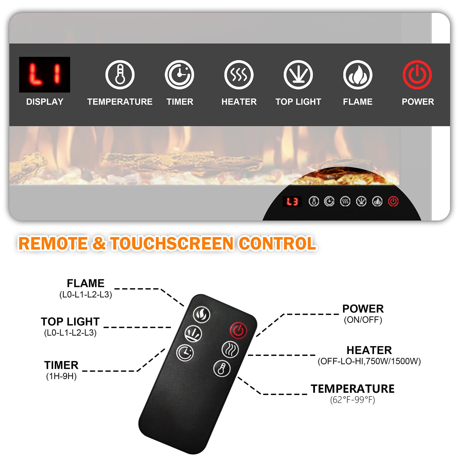 Mystflame 60 Inch Electric Fireplace, Recessed And Wall Mounted Slim Electric Fireplace, 750/1500 Watt Heater Fireplace, Log & C