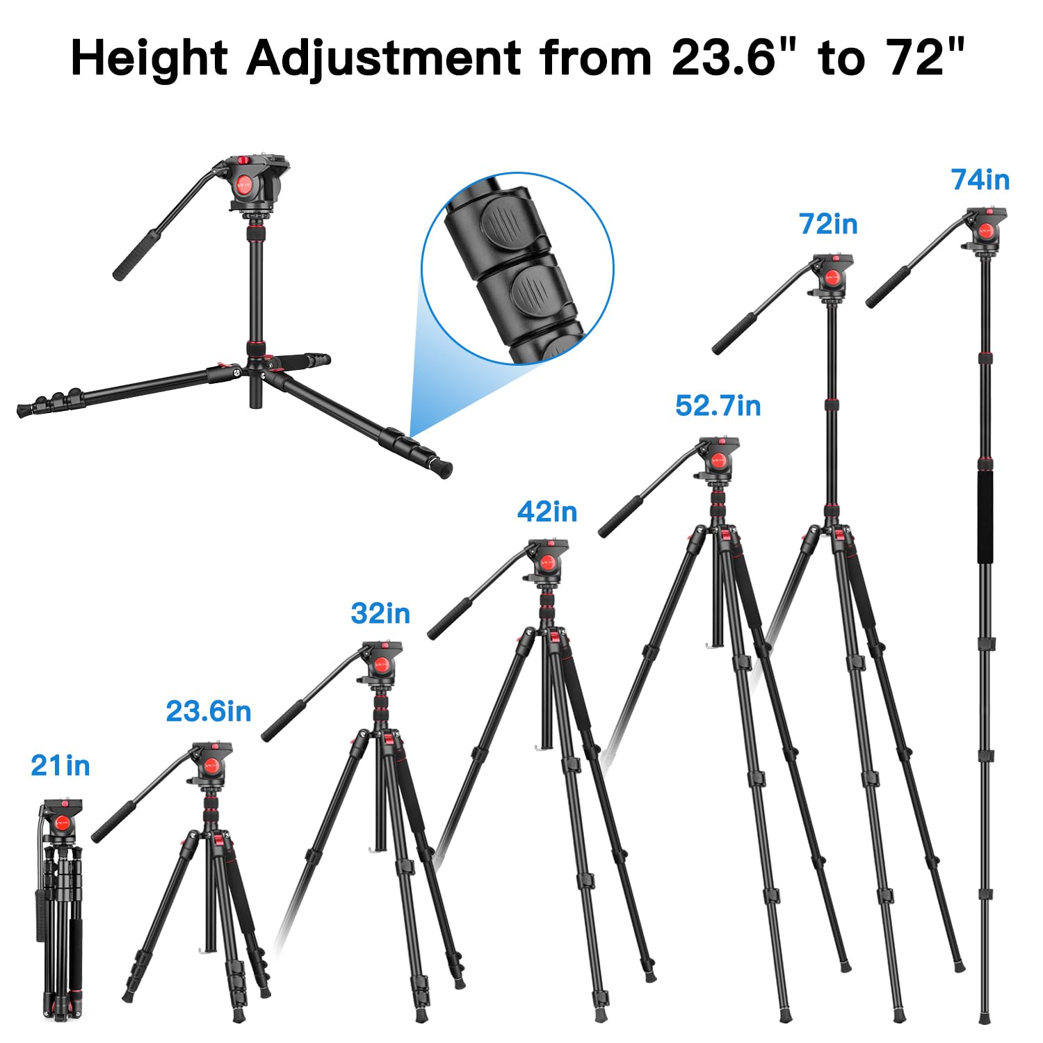 Tripod Camera Tripod, 72' Video Tripod With Fluid Head, Aluminum Heavy Duty Tripod With Carry Bag, Professional Camera Tripods & Monopods, Compatible With Video Camera, Dslr, Camcorder
