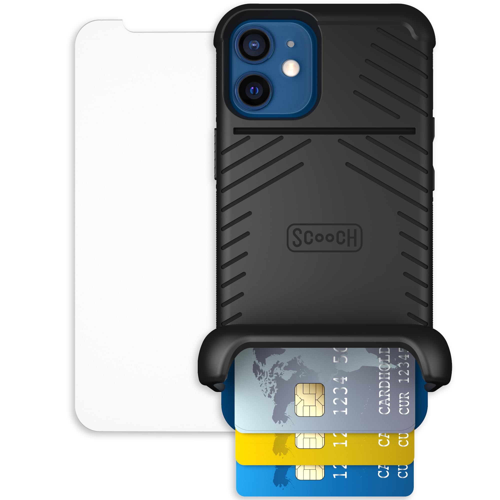 Scooch for iPhone 12 Mini Case with Card Holder, Wingmate Wallet Case Black, Bundled with Tempered Glass Screen Protector