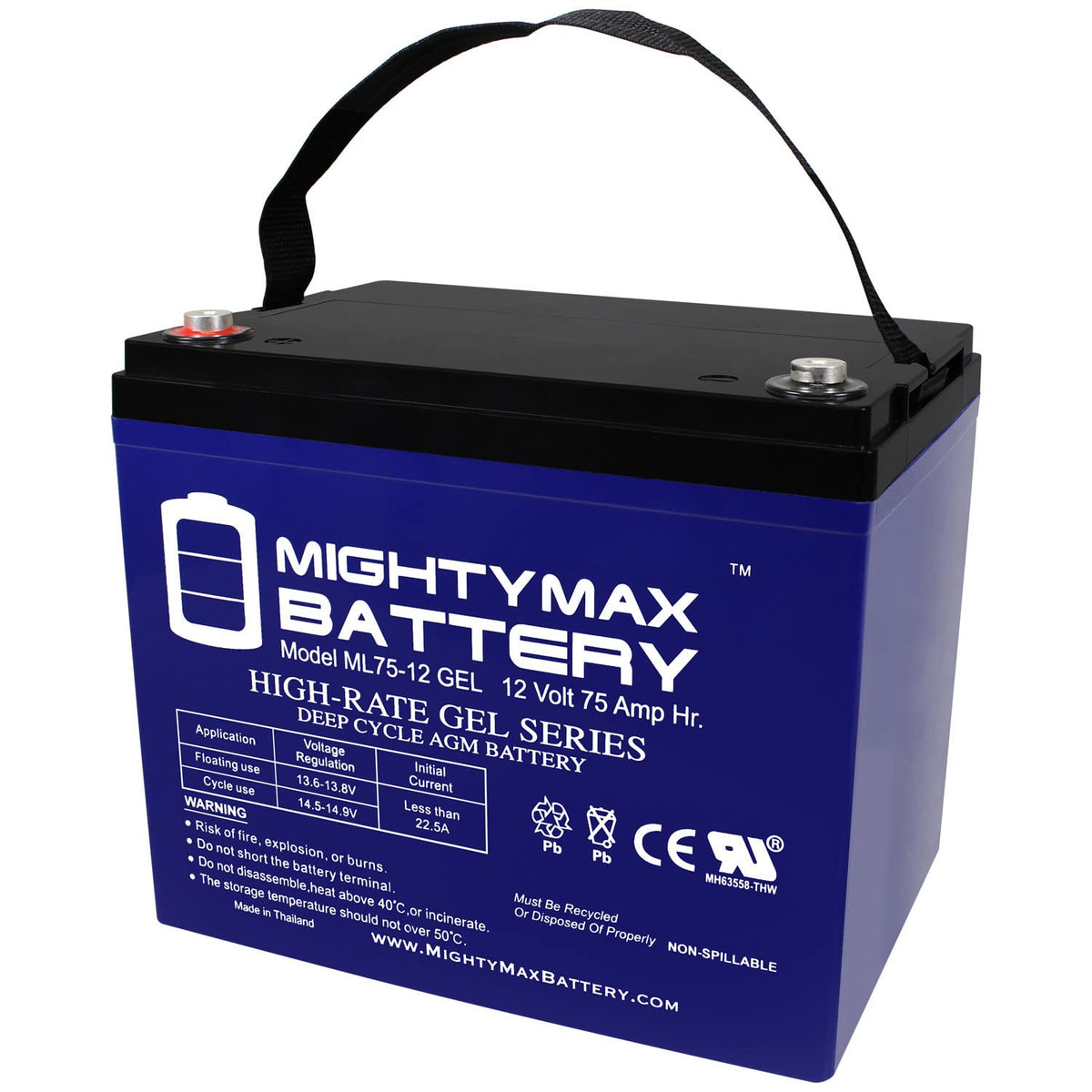 Mighty Max Battery Ml75 12Gel  12 Volt 75 Ah, Gel Type, Internal Thread (Int) Terminal, Rechargeable Sla Agm Battery