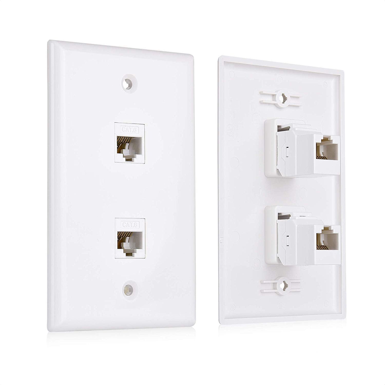 Cable Matters 2 Pack 2 Port Ethernet Wall Plate, Cat6 Wall Plate / Cat5 Ethernet Wall Outlet In White With White Ethernet Keysto