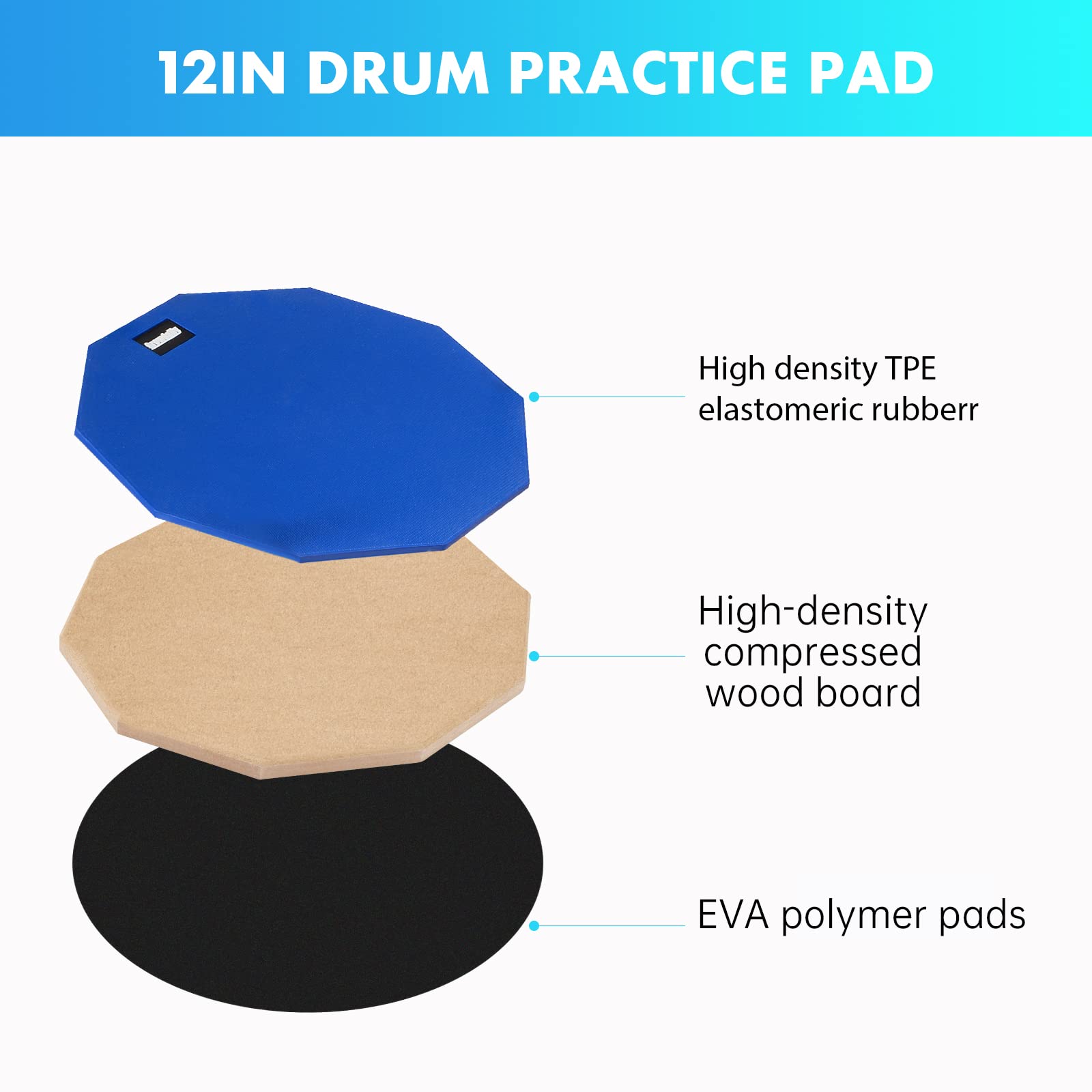 Drum Practice Pad Snare Drum Stand Set 12 In With Blue Double Sided Silent Drum Pad,Drum Dampeners Gel, Drum Sticks,Carrying Bag