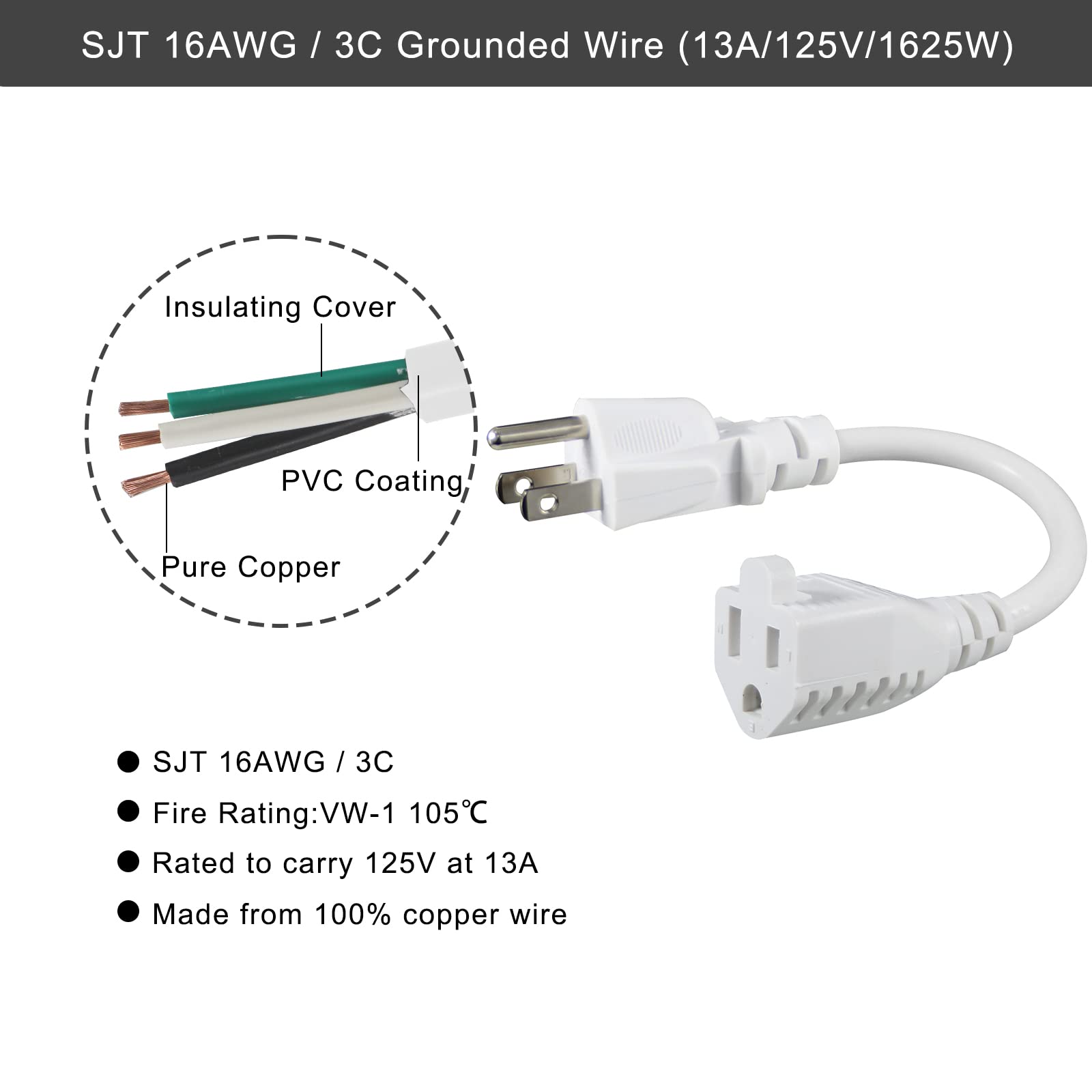 Kuncan Short Power Extension Cord   8 Inches 3 Prong Grounded Outlet Saver 16Awg/13A Heavy Duty Power Cord (Nema 5 15P To Nema 5