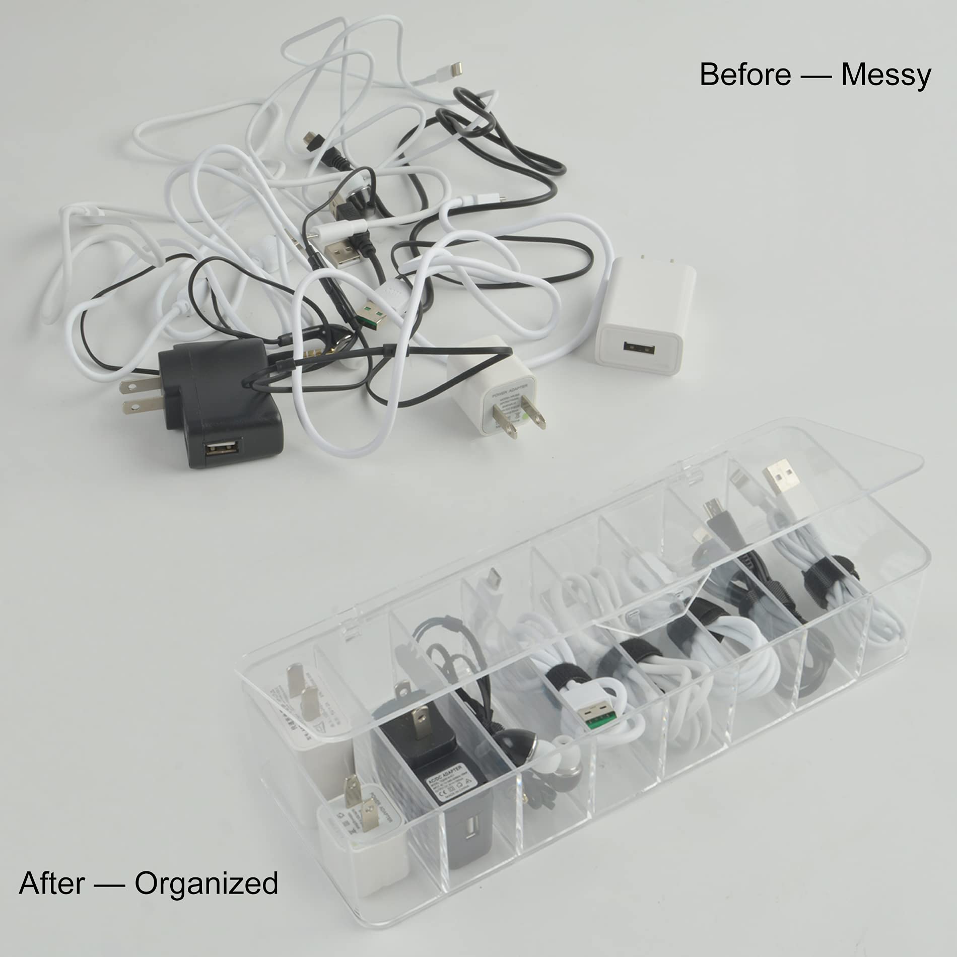 Electronics Organizer 8 Sections Clear Acrylic Cable Storage Bin Box Cord Holder With 20 Pcs Reusable Fastening Fabric Cable Tie